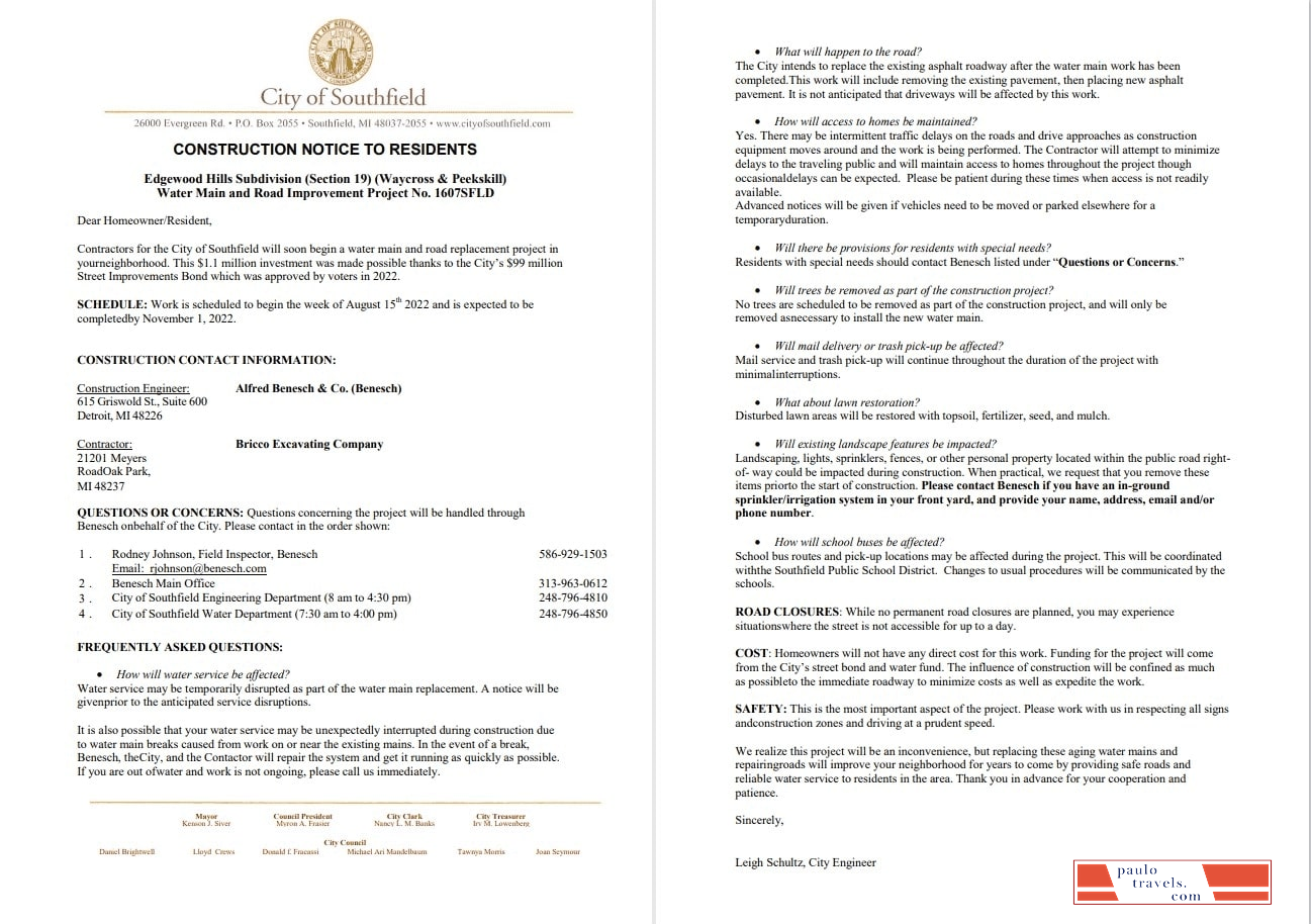 USA Michigan City of Southfield utility water and construction shut off notice, Word and PDF template, 3 pages 1 2